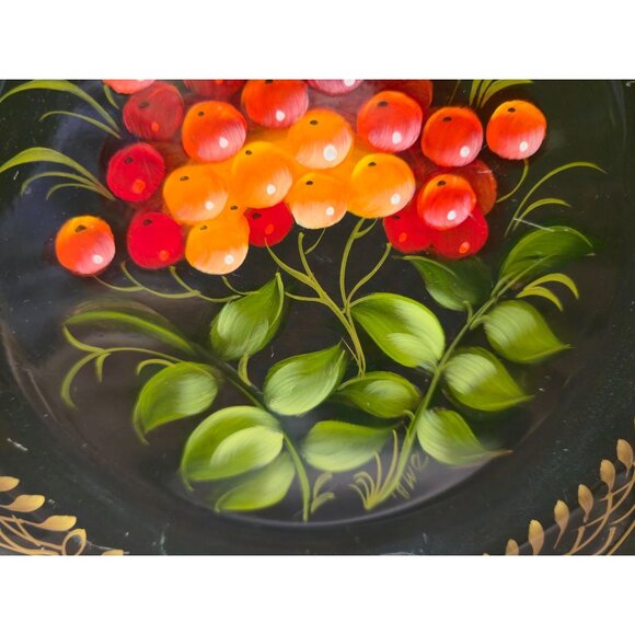 Russian Zhostovo ToleWare art Plate set Flowers Colorful Gold SIGNED folk art - Picture 8 of 11